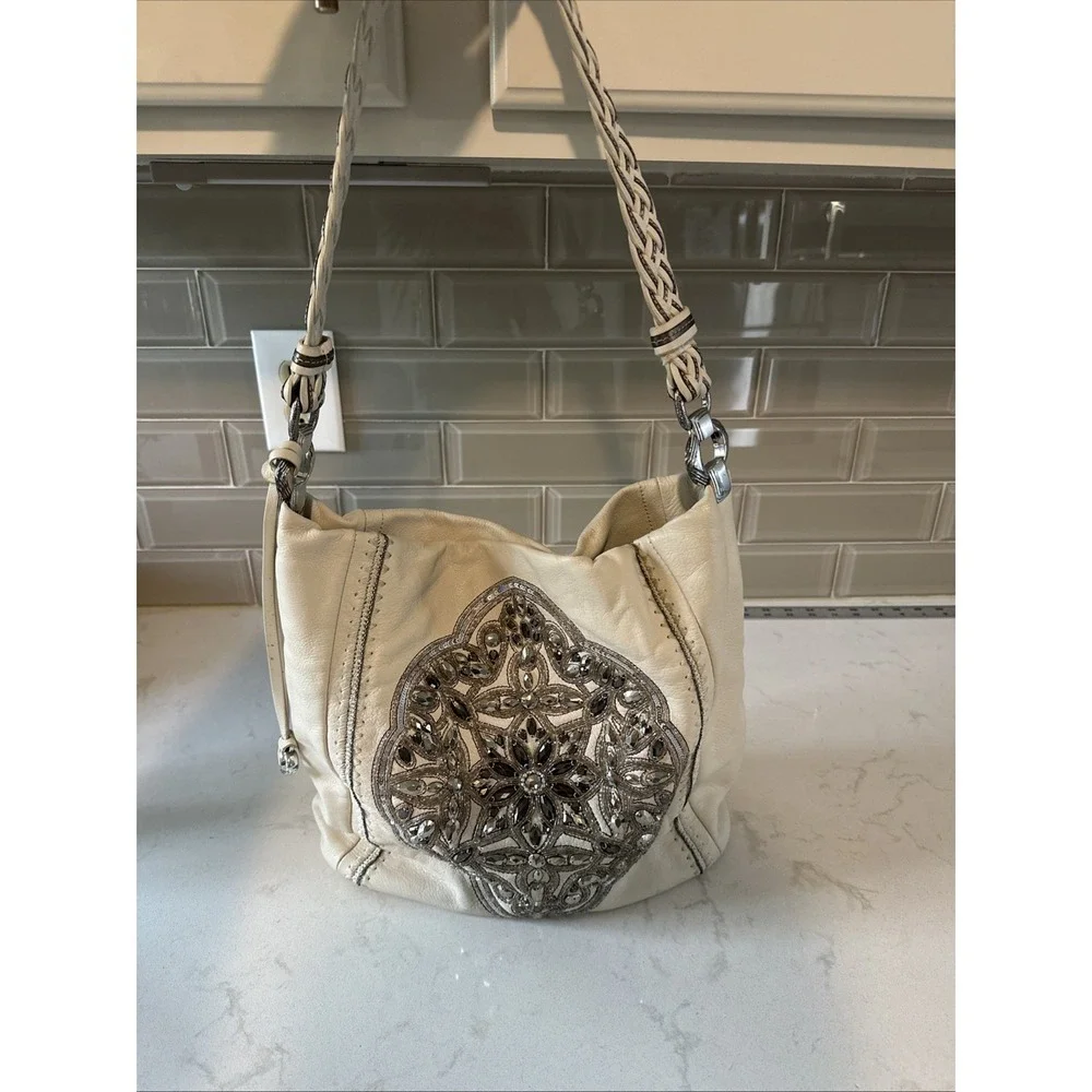 Brighton Pewter Anju Embellished Purse Jewel Masterpiece White‎ Leather Bag Hobo
